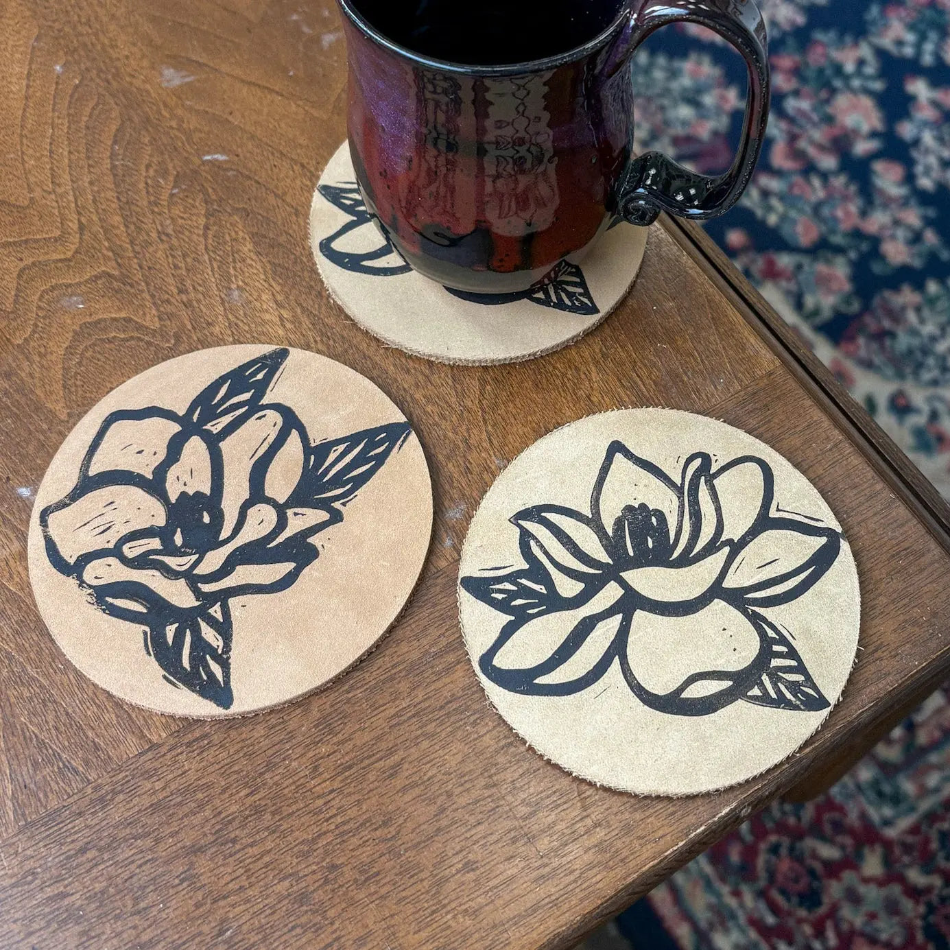 Leather Magnolia Coasters by Crooked Letter, Southern home decor main product photo