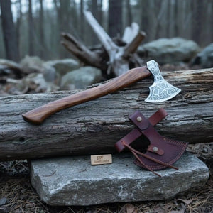 Carbon Steel Viking Bearded Axe – Hand Engraved Norse Skeggøx with Hardwood Handle, Functional Bushcraft and Camping Hatchet | JW SteelCrafts by JW SteelCrafts, Southern