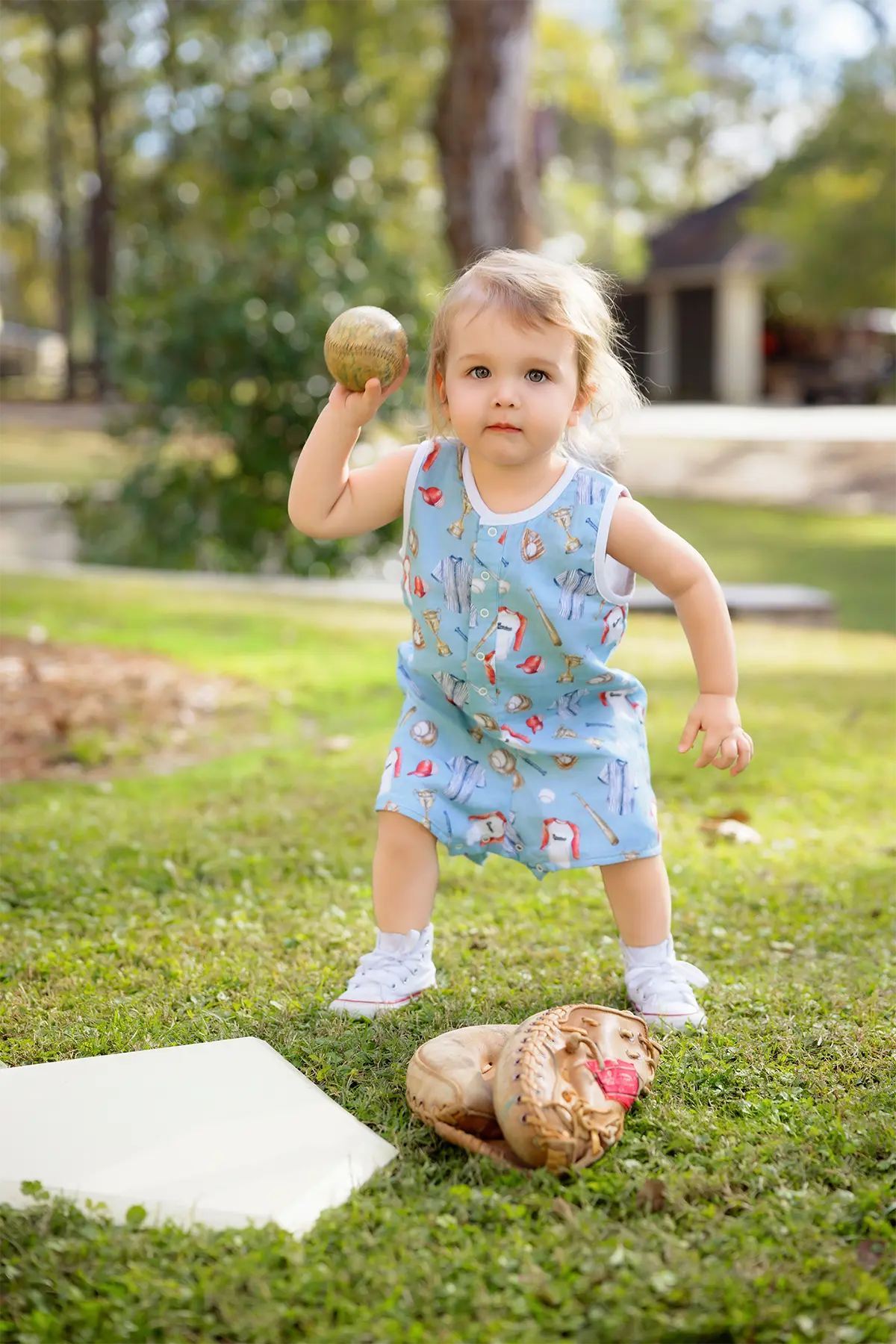 Let's Play Ball Organic Muslin Shortall by Nola Tawk, children's boutique clothing detail photo 2