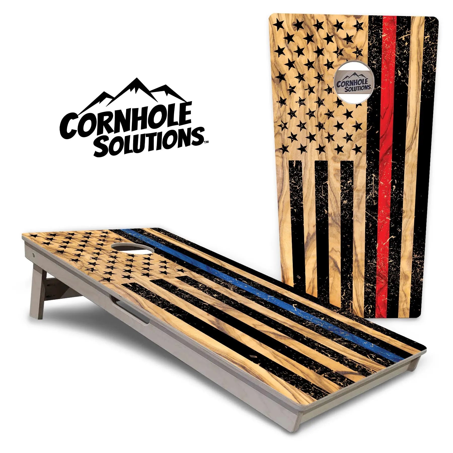 Light Wood Blue/Red Line Flag Cornhole Boards - Professional Tournament Series by Cornhole Solutions, custom cornhole board main product photo