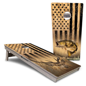 Light Wood Flag Deer & Fish Cornhole Boards - Professional Tournament Series by Cornhole Solutions, custom cornhole board main product photo