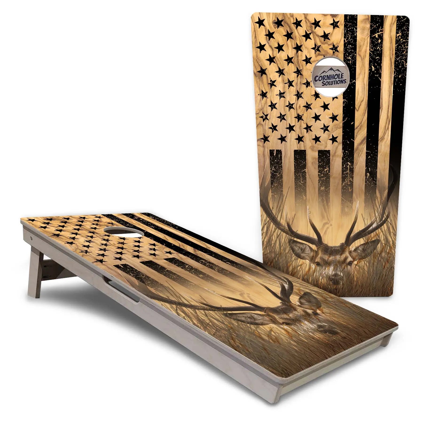 Light Wood Flag Deer & Fish Cornhole Boards - Professional Tournament Series by Cornhole Solutions, custom cornhole board detail photo 7