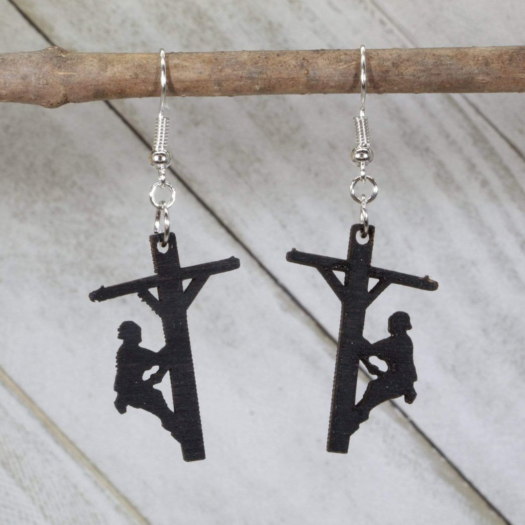 Lineman Wooden Earrings | Electrical Worker Utility Jewelry detail view by Cate's Concepts, LLC