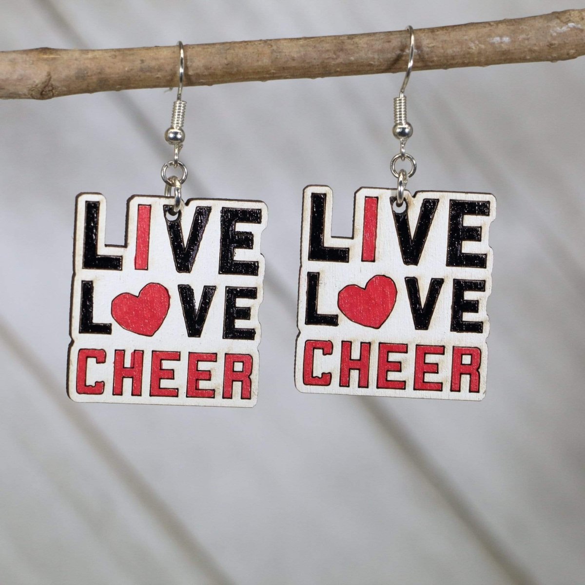 Live Love Cheer Wooden Earrings | Cheerleader Sports Jewelry by Cate's Concepts, LLC, handmade jewelry main product photo
