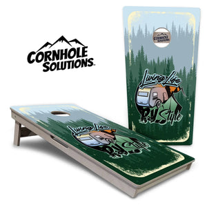 Living Life RV Style Cornhole Boards - Professional Tournament Series by Cornhole Solutions, custom cornhole board main product photo