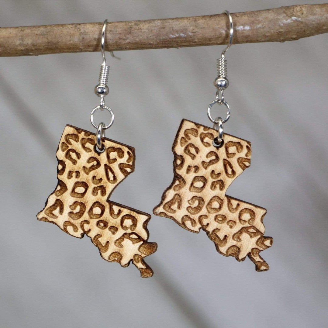 Louisiana State Cheetah Print Wooden Earrings | State Pride Jewelry detail view by Cate's Concepts, LLC