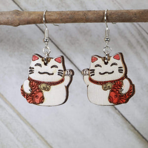 Lucky Cat Wooden Earrings | Maneki Neko Japanese Jewelry by Cate's Concepts, LLC, handmade jewelry main product photo