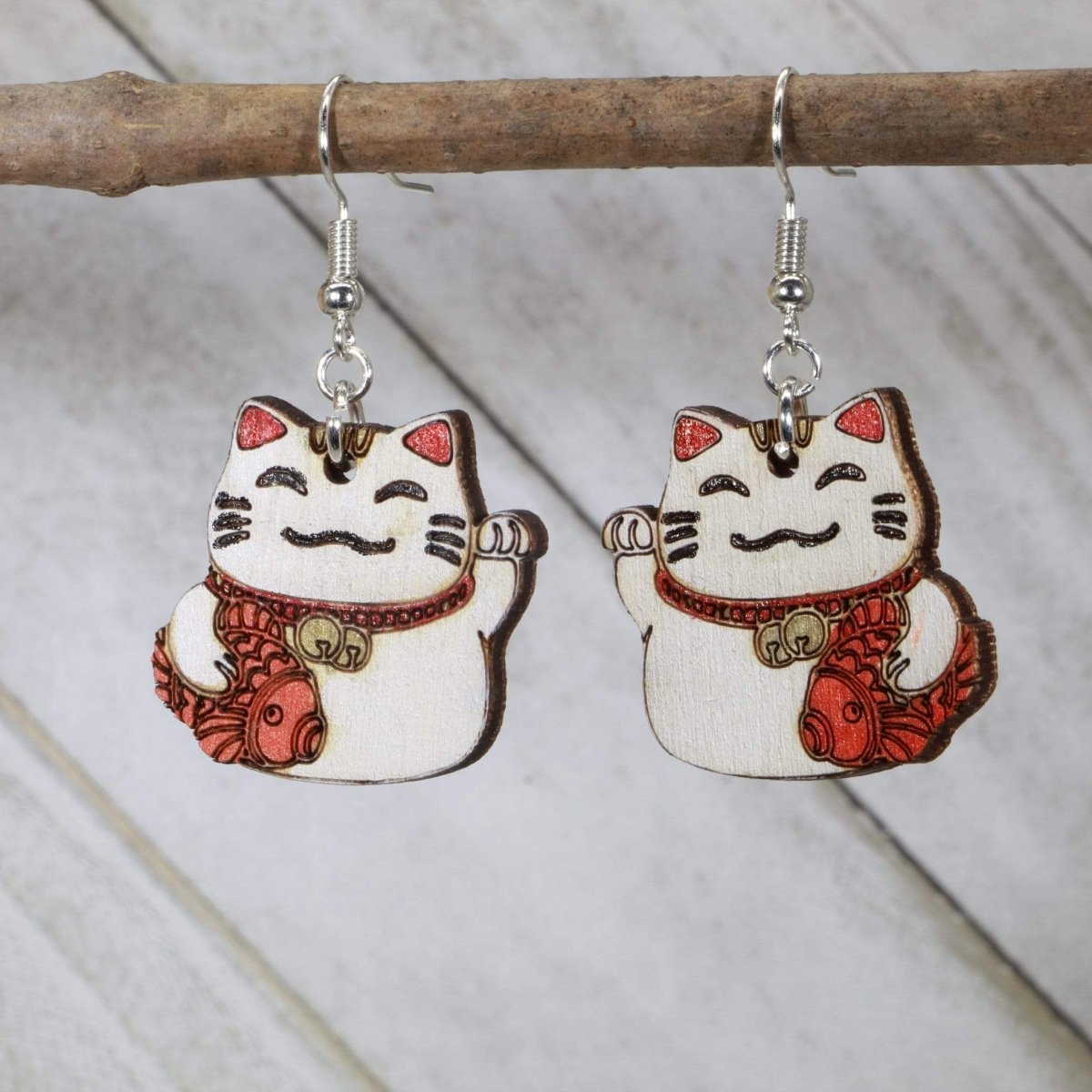 Lucky Cat Wooden Earrings | Maneki Neko Japanese Jewelry detail view by Cate's Concepts, LLC