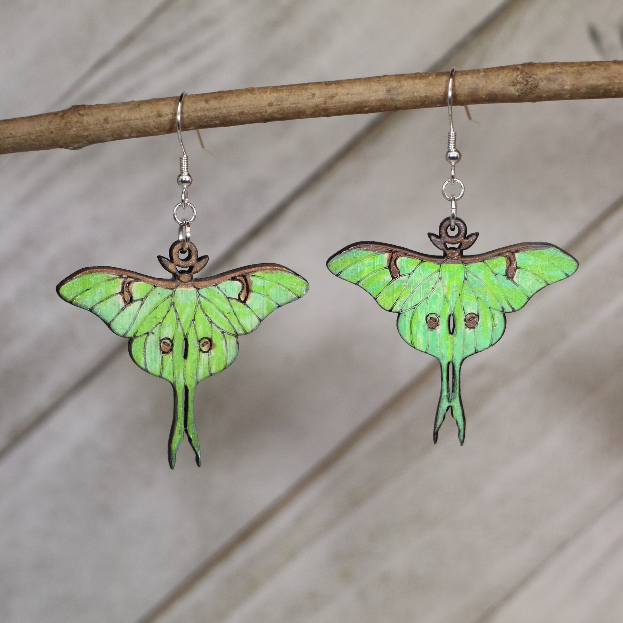 Luna Moth Wooden Dangle Earrings | Nature Insect Jewelry detail view by Cate's Concepts, LLC