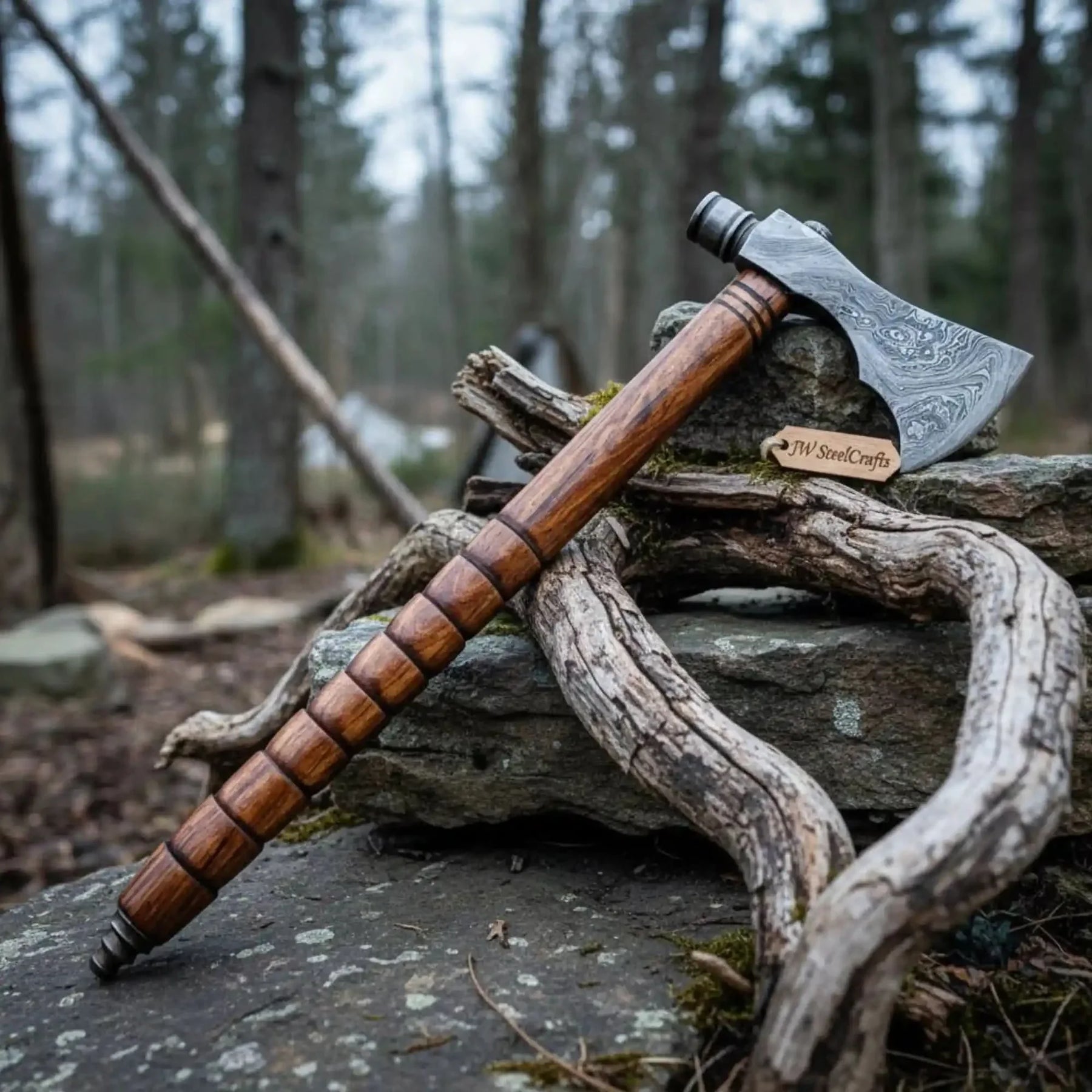 Damascus Smoking Axe with Leather Sheath and Ringed Rosewood Handle by JW SteelCrafts, leather knife sheath detail photo 4