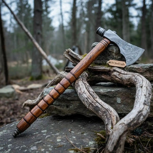 Damascus Smoking Axe with Leather Sheath and Ringed Rosewood Handle by JW SteelCrafts, leather knife sheath detail photo 4