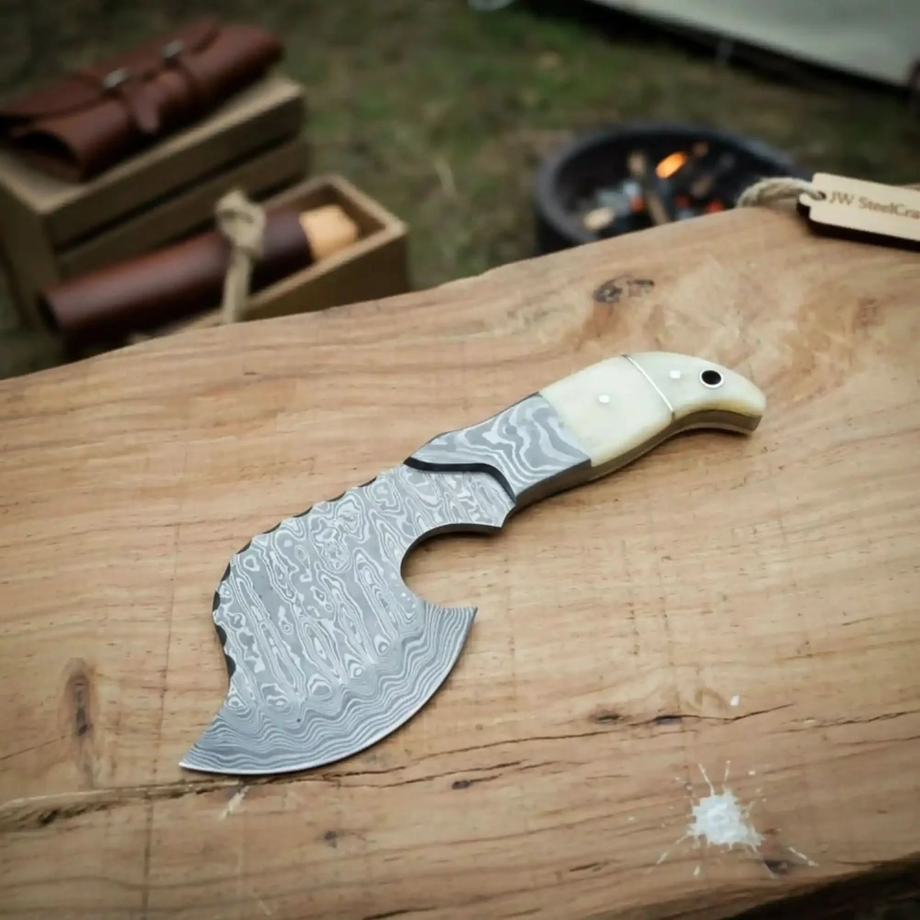 Damascus Cleaver Hatchet with Broad Forged Blade detail view by JW SteelCrafts