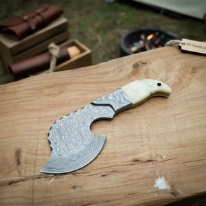Damascus Cleaver Hatchet with Broad Forged Blade detail view by JW SteelCrafts