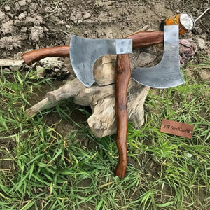 Matching Pair of Hand-Forged Damascus Bearded Axes with Curved Rosewood Handles by JW SteelCrafts, Southern handmade gift detail photo 3