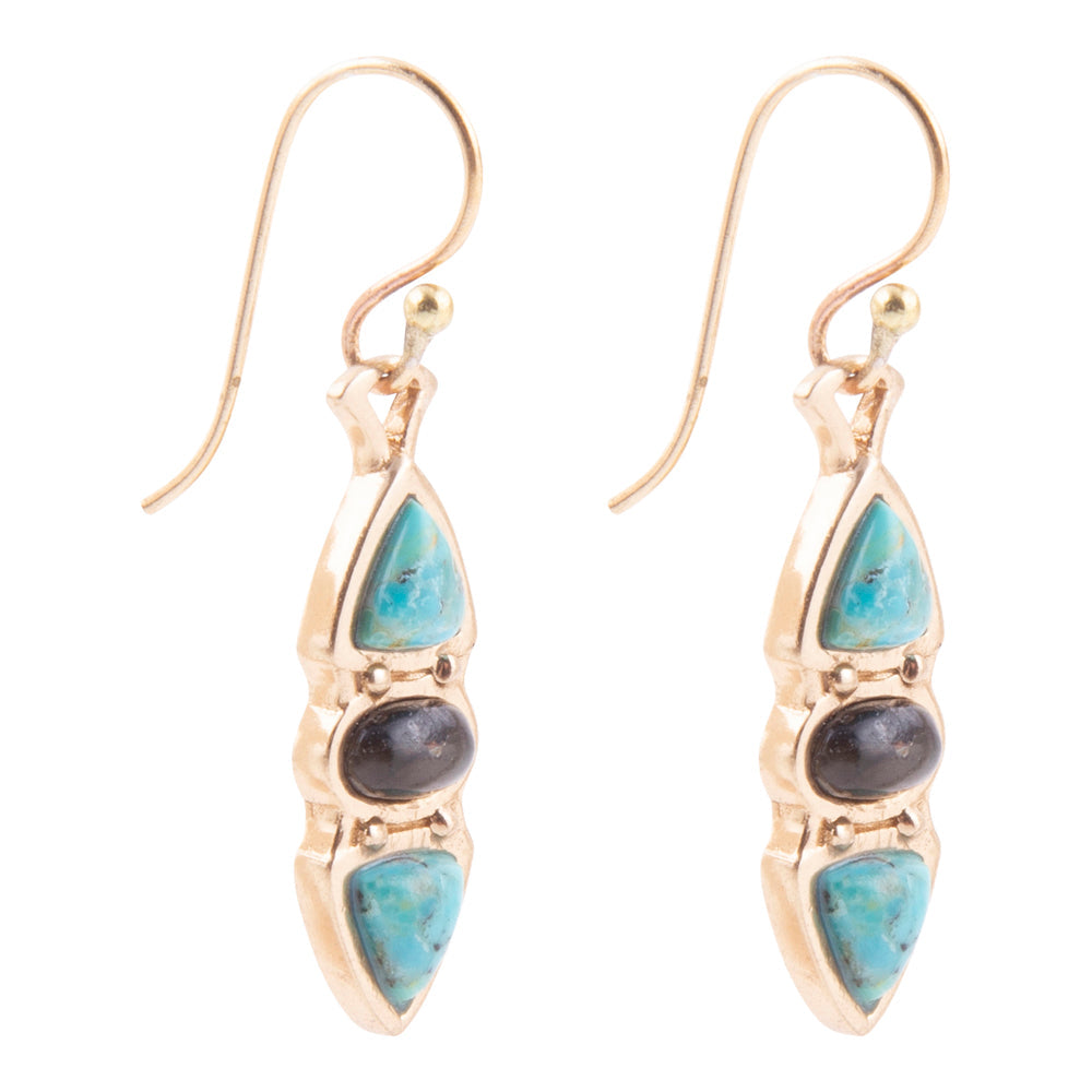 Blue Turquoise and Grey Labradorite Golden Drop Earrings detail view by Barse Jewelry