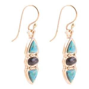 Blue Turquoise and Grey Labradorite Golden Drop Earrings detail view by Barse Jewelry