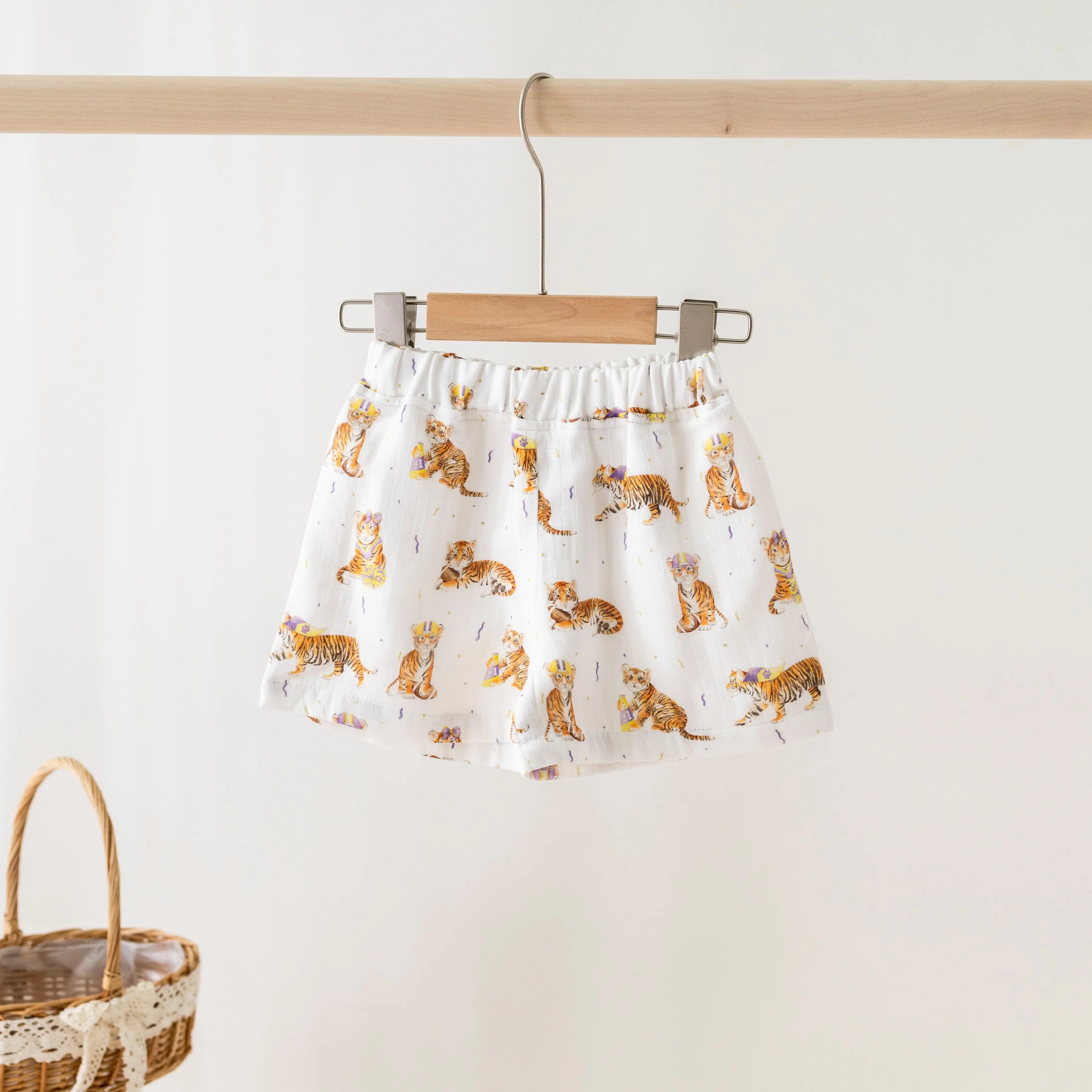 MVC: Louisiana Tigers Organic Muslin Shorts by Nola Tawk, children's boutique clothing main product photo