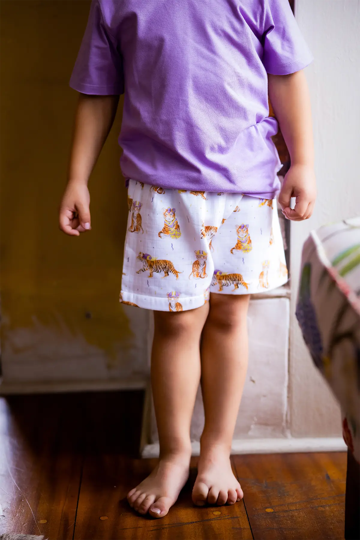 MVC: Louisiana Tigers Organic Muslin Shorts by Nola Tawk, children's boutique clothing detail photo 2