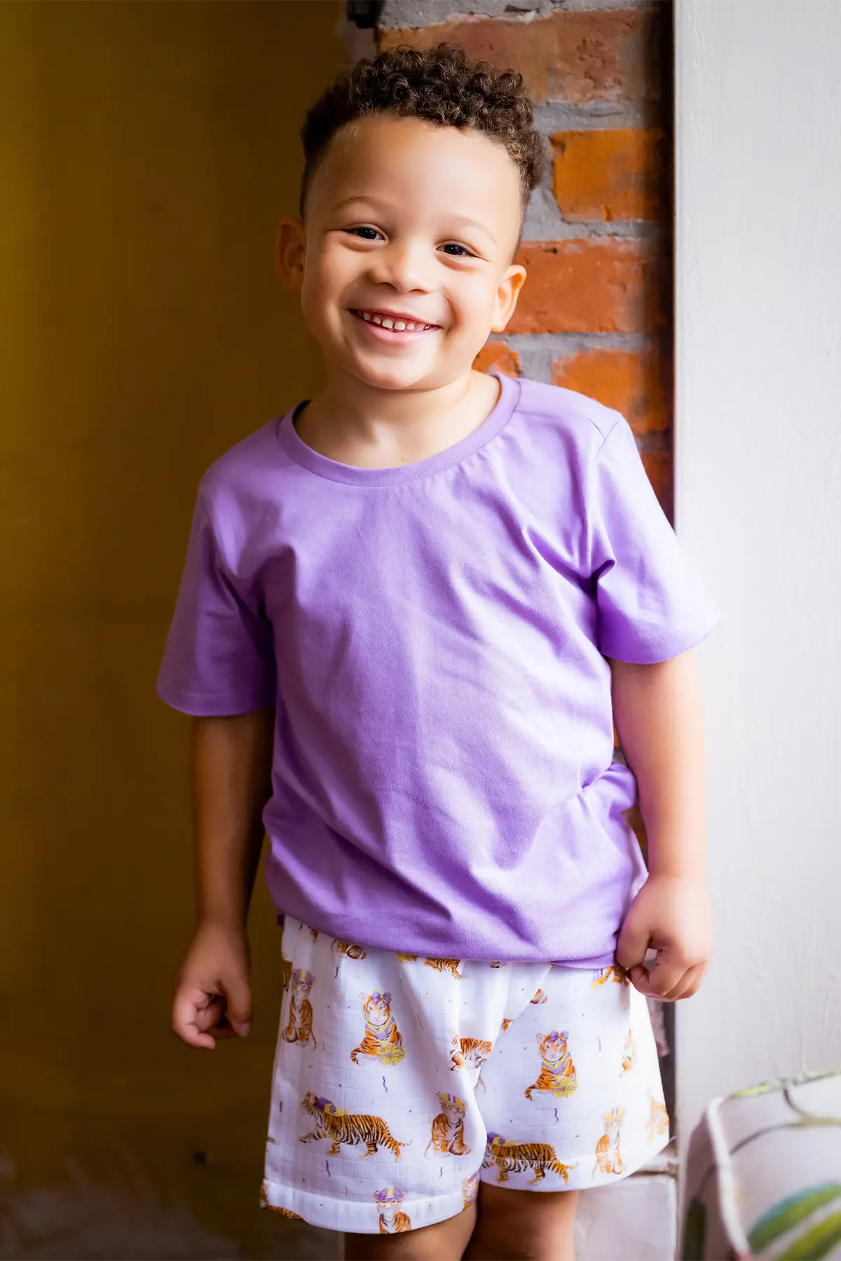 MVC: Louisiana Tigers Organic Muslin Shorts by Nola Tawk, children's boutique clothing detail photo 3