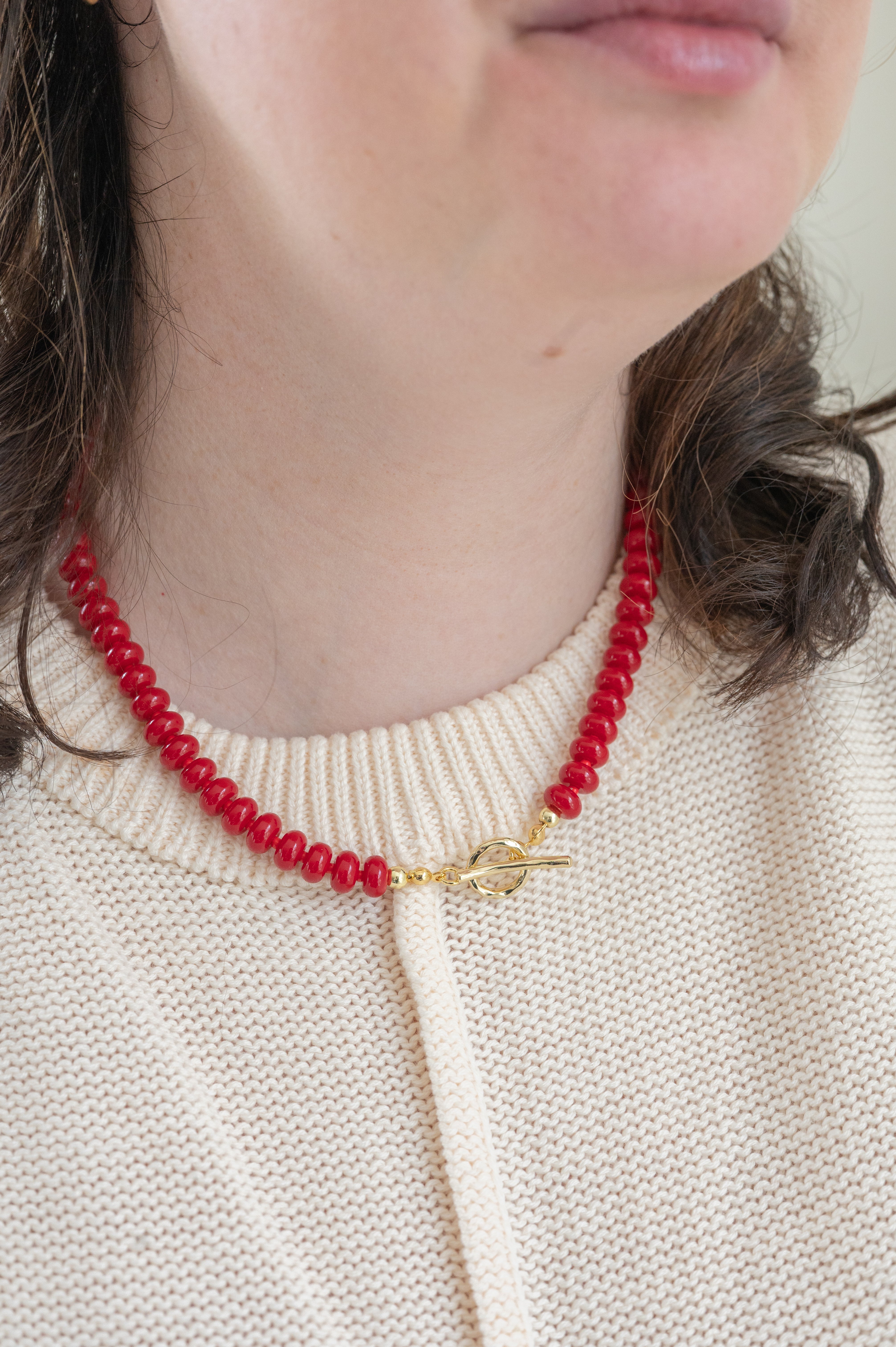 The Evangeline Red Rondelle Beaded Necklace detail view by London Crafted