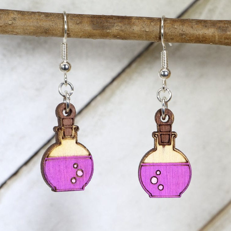 Mad Scientist Potion Bottle Wooden Dangle Earrings | Fantasy Jewelry detail view by Cate's Concepts, LLC