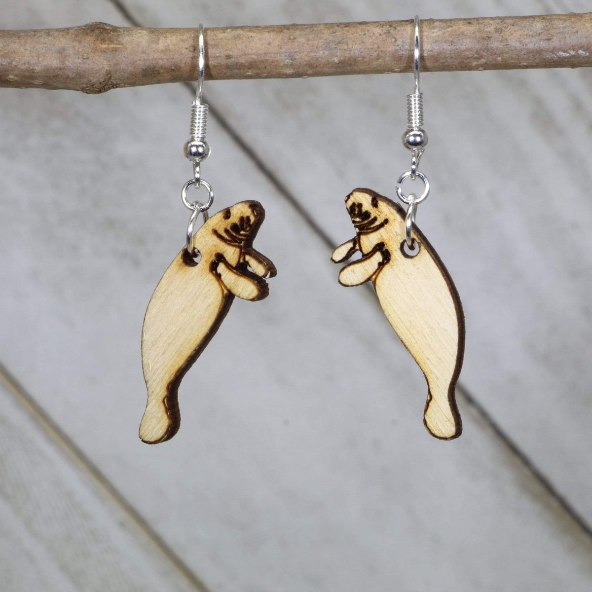 Manatee Wooden Dangle Earrings | Realistic Sea Life Jewelry detail view by Cate's Concepts, LLC
