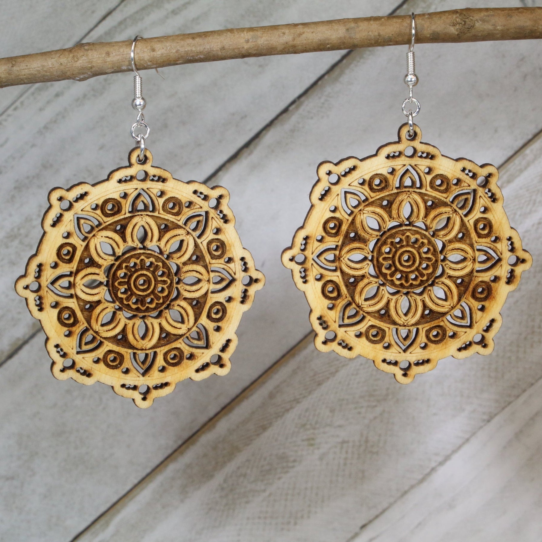 Mandala Wooden Dangle Earrings | Boho Spiritual Jewelry detail view by Cate's Concepts, LLC
