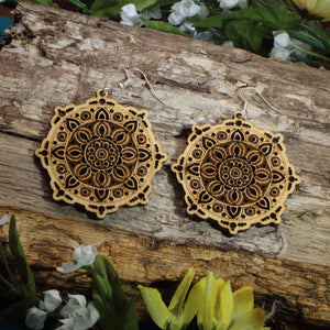 Mandala Wooden Dangle Earrings | Boho Spiritual Jewelry