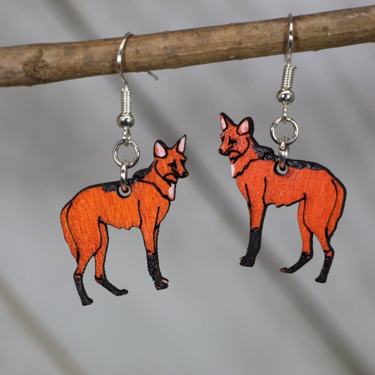 Maned Wolf Wooden Earrings | Wildlife Animal Jewelry by Cate's Concepts, LLC, handmade jewelry main product photo