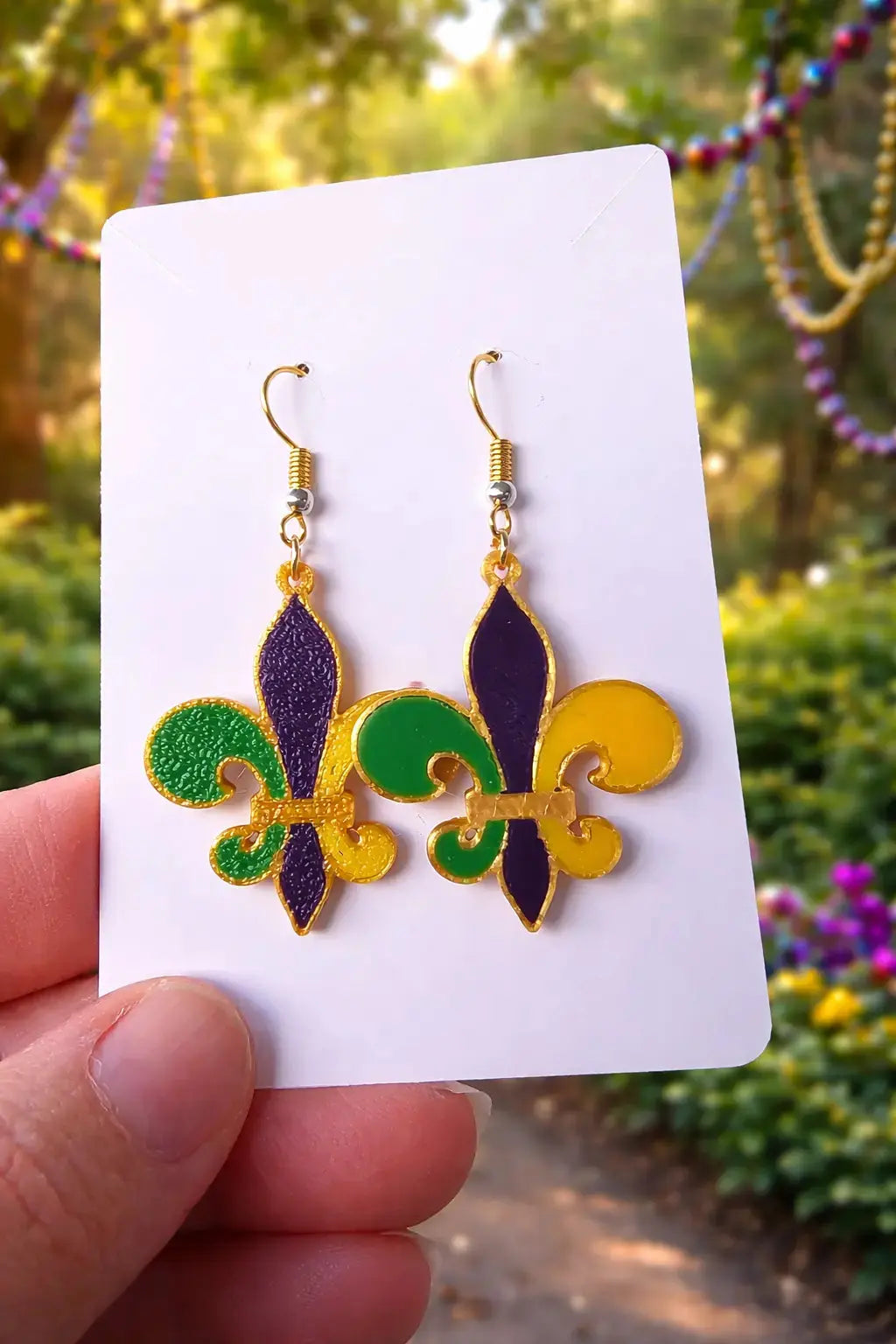 Mardi Gras Fleur-de-Lis Earrings by The Tween Space, handmade jewelry detail photo 2