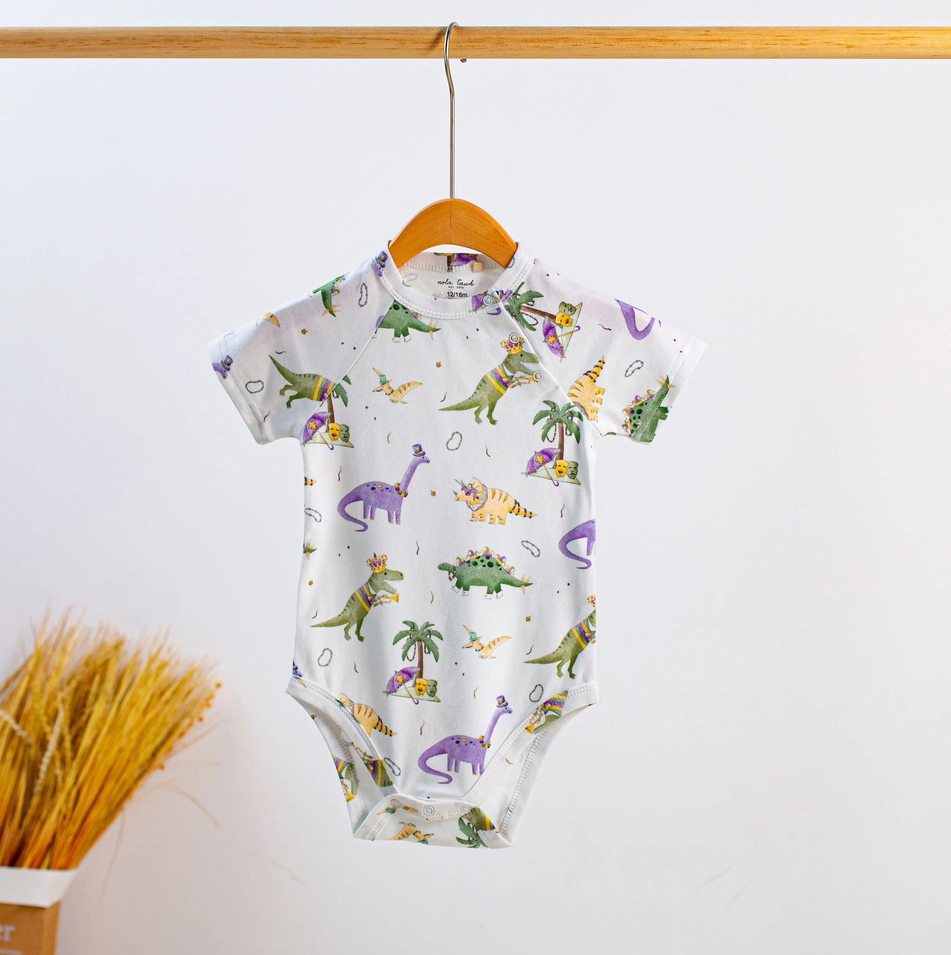 Mardi Gras-Saurus Organic Cotton Mardi Gras Onesie by Nola Tawk, Southern lifestyle apparel main product photo