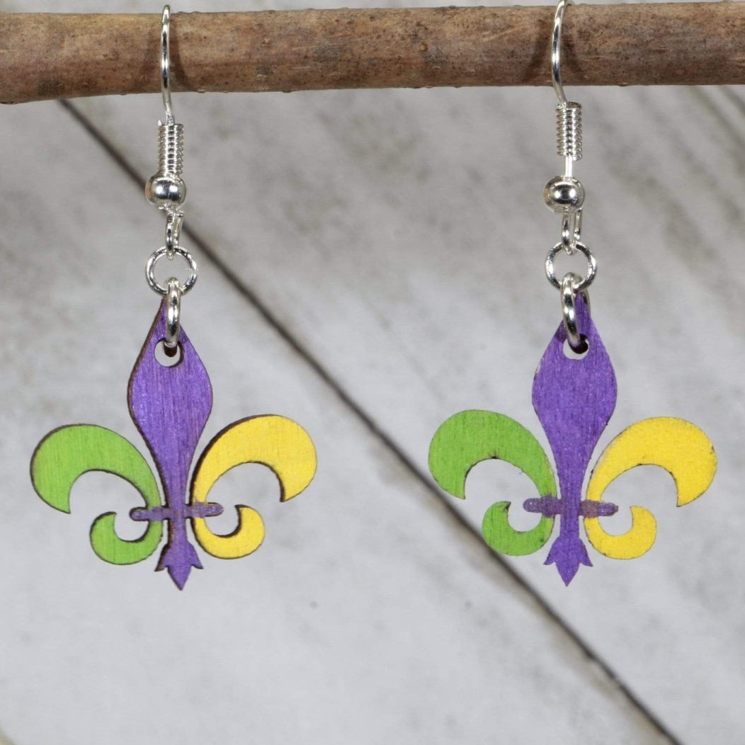 Large Mardi Gras Fleur-de-lis Wooden Dangle Earrings | New Orleans Jewelry detail view by Cate's Concepts, LLC