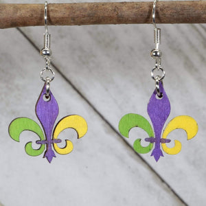Large Mardi Gras Fleur-de-lis Wooden Dangle Earrings | New Orleans Jewelry detail view by Cate's Concepts, LLC