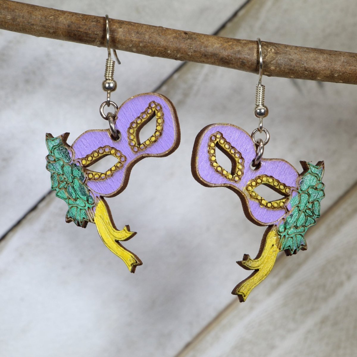 Mardi Gras Floral Mask Wooden Dangle Earrings | Carnival Jewelry by Cate's Concepts, LLC