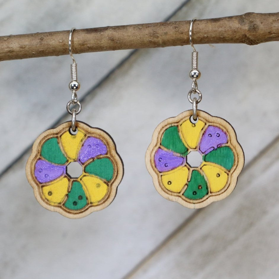 Mardi Gras King Cake Wooden Dangle Earrings | Louisiana Jewelry by Cate's Concepts, LLC, handmade jewelry main product photo