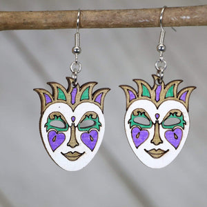 Mardi Gras Mask Wooden Earrings | New Orleans Carnival Jewelry detail view by Cate's Concepts, LLC