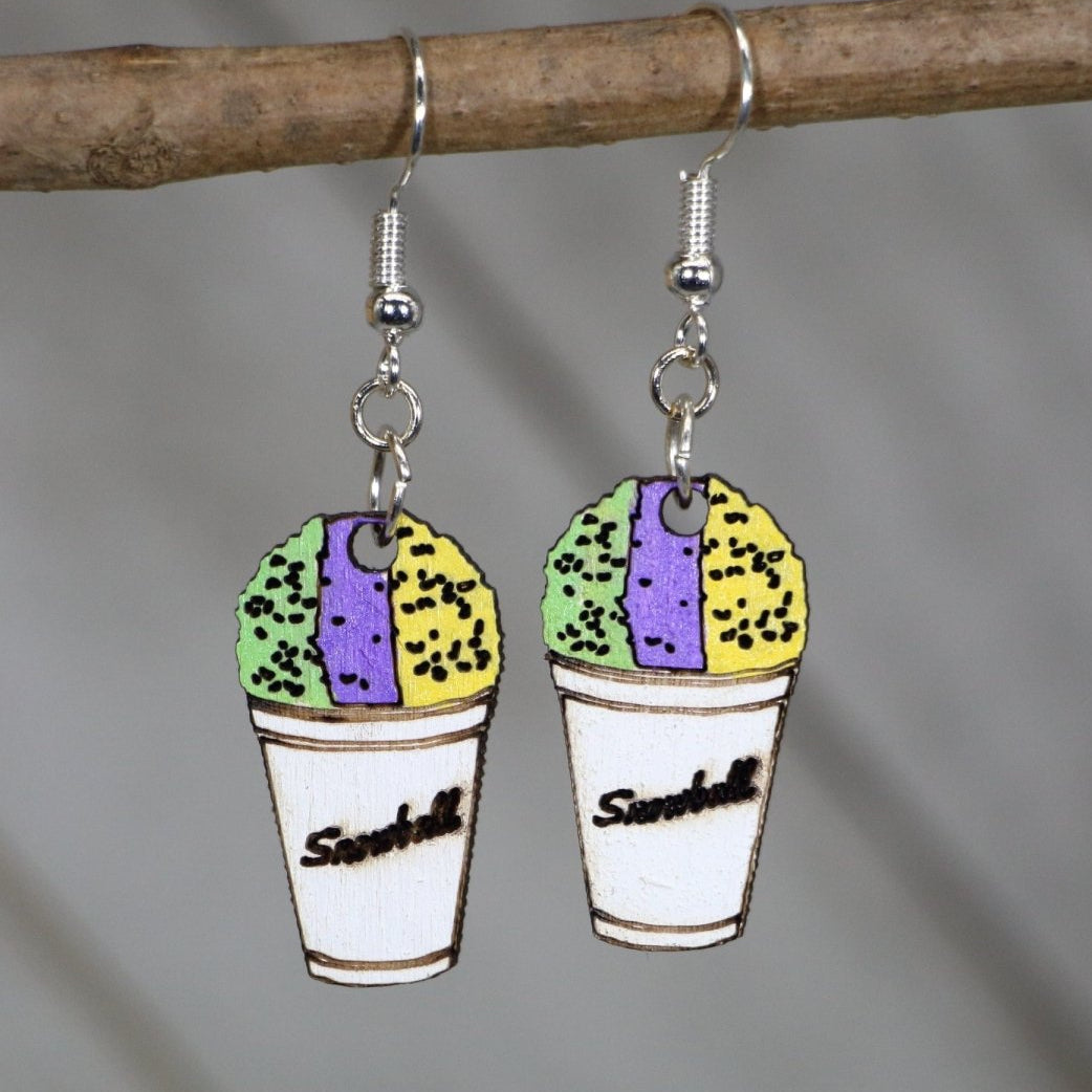Mardi Gras Snowball Wooden Earrings | New Orleans Dessert Jewelry by Cate's Concepts, LLC, handmade jewelry main product photo