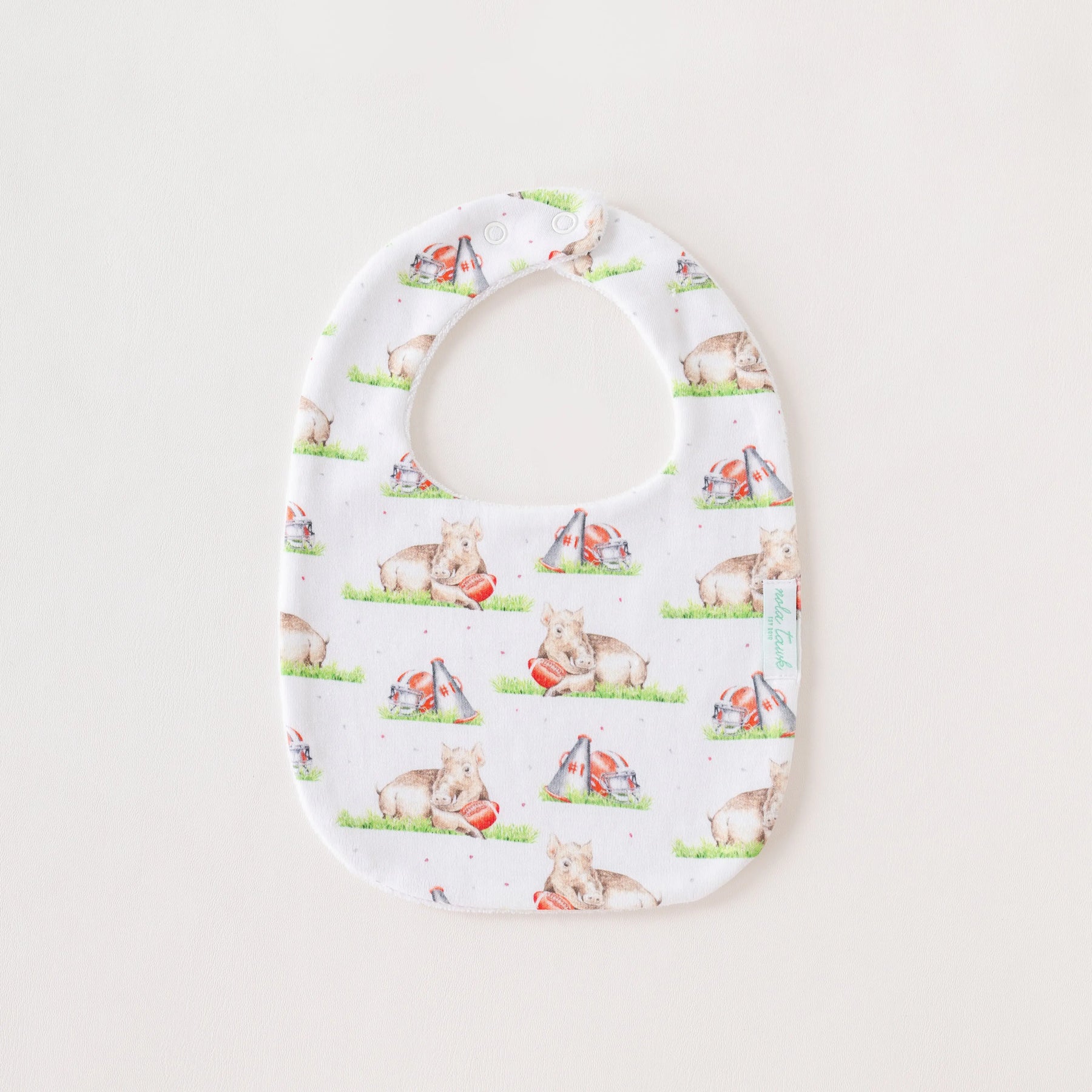 Mascot Mania in Arkansas Organic Cotton Baby Bib by Nola Tawk, children's boutique clothing main product photo