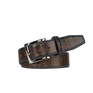 Matt Bark Brown Mock Gator Leather Belt by Roger Ximenez: Bespoke Belts and Leather Accessories, handmade leather goods main product photo