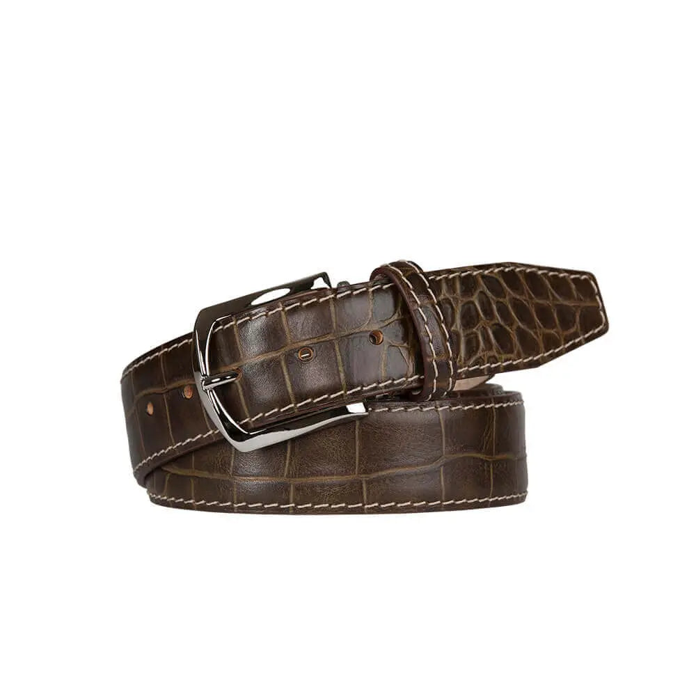 Matt Bark Brown Mock Gator Leather Belt by Roger Ximenez: Bespoke Belts and Leather Accessories, handmade leather goods detail photo 3
