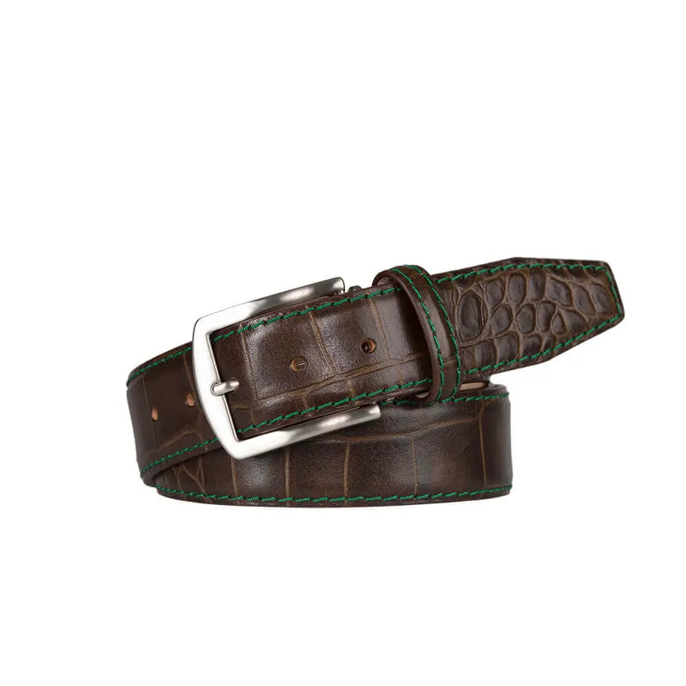 Matt Bark Brown Mock Gator Leather Belt by Roger Ximenez: Bespoke Belts and Leather Accessories, handmade leather goods detail photo 4