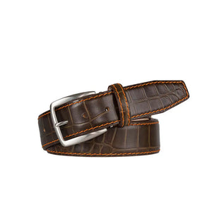 Matt Bark Brown Mock Gator Leather Belt by Roger Ximenez: Bespoke Belts and Leather Accessories, handmade leather goods detail photo 5