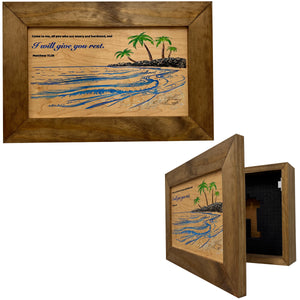 Bible Verse Decorative & Secure Wall-Mounted Gun Cabinet - Matthew 11:28 and Coastal Scene by Bellewood Designs, Southern home decor main product photo