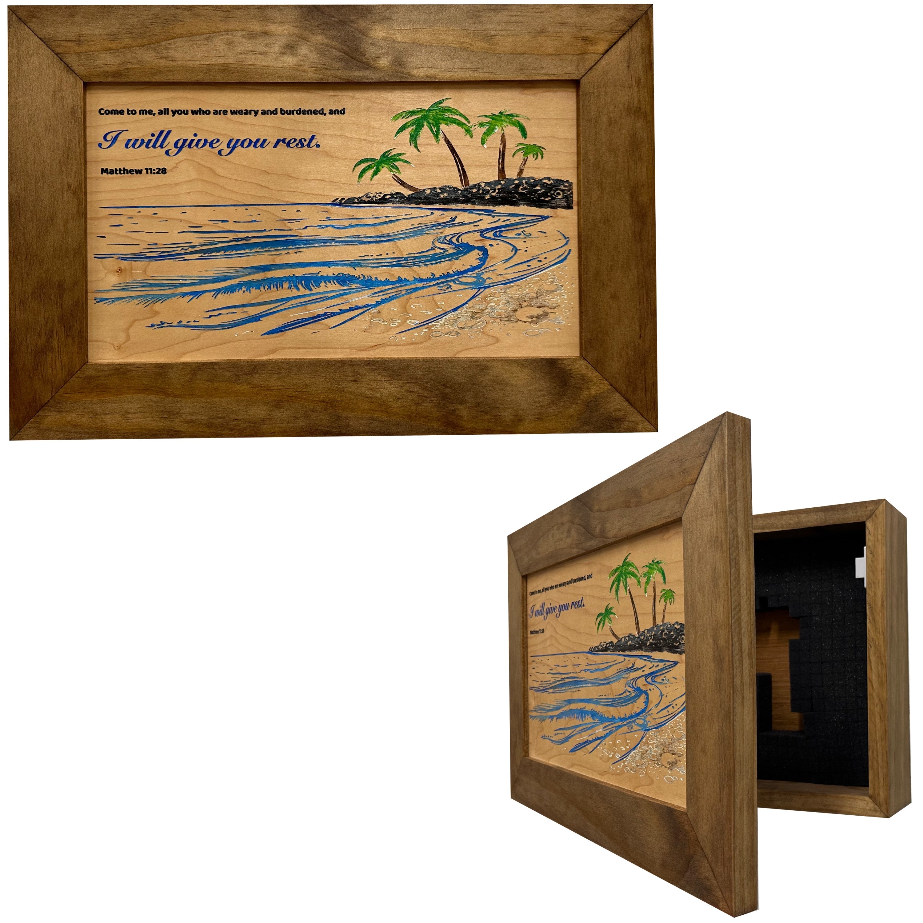 Bible Verse Decorative & Secure Wall-Mounted Gun Cabinet - Matthew 11:28 and Coastal Scene by Bellewood Designs, Southern home decor main product photo