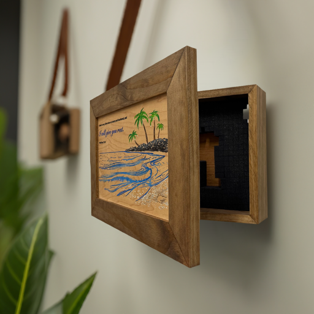 Bible Verse Decorative & Secure Wall-Mounted Gun Cabinet - Matthew 11:28 and Coastal Scene by Bellewood Designs, Southern home decor detail photo 2