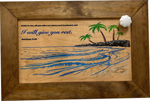 Bible Verse Decorative & Secure Wall-Mounted Gun Cabinet - Matthew 11:28 and Coastal Scene by Bellewood Designs, Southern home decor detail photo 4