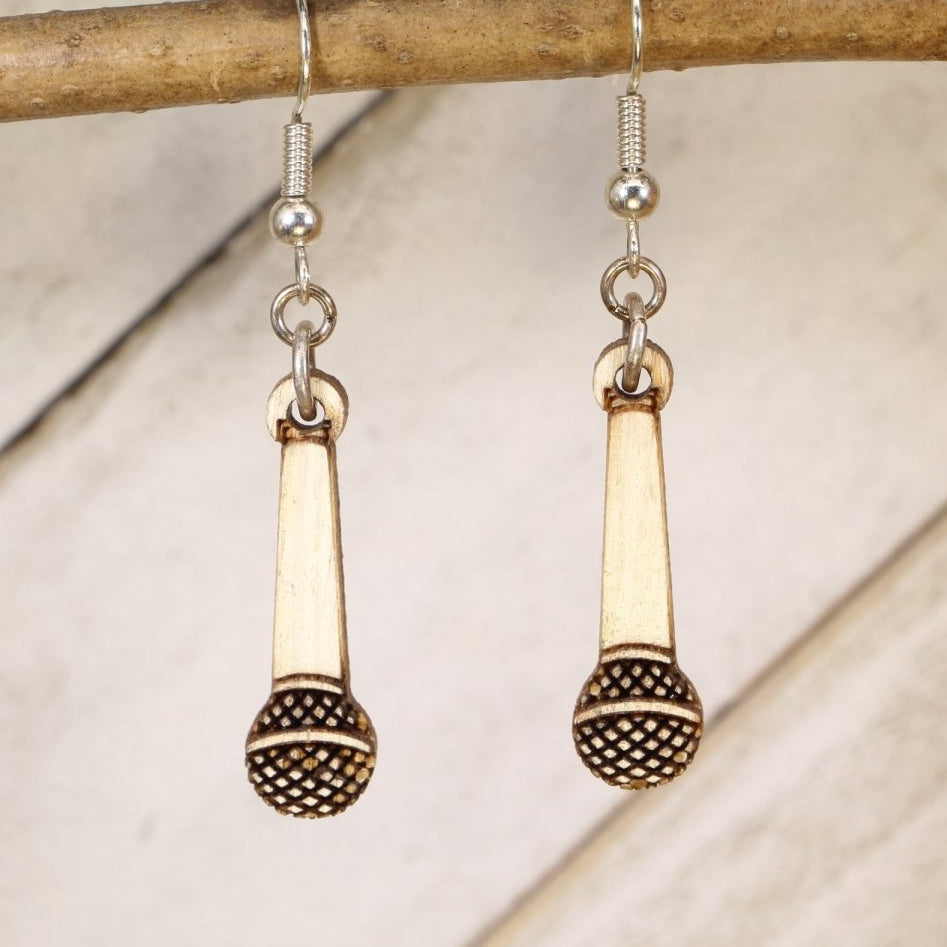 Microphone Wooden Earrings | Singer Music Lover Jewelry detail view by Cate's Concepts, LLC