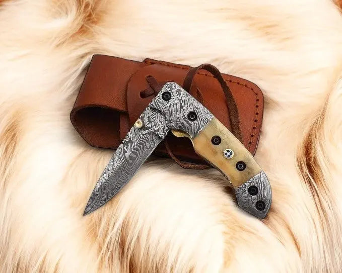 Mini folding knife | Bone Handle pocket knife | 3 inch blade by Damascus Knife Store, Damascus knife main product photo