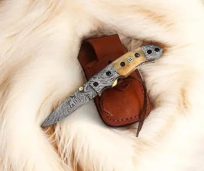 Mini folding knife | Bone Handle pocket knife | 3 inch blade by Damascus Knife Store, Damascus knife detail photo 2