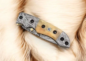 Mini folding knife | Bone Handle pocket knife | 3 inch blade by Damascus Knife Store, Damascus knife detail photo 3